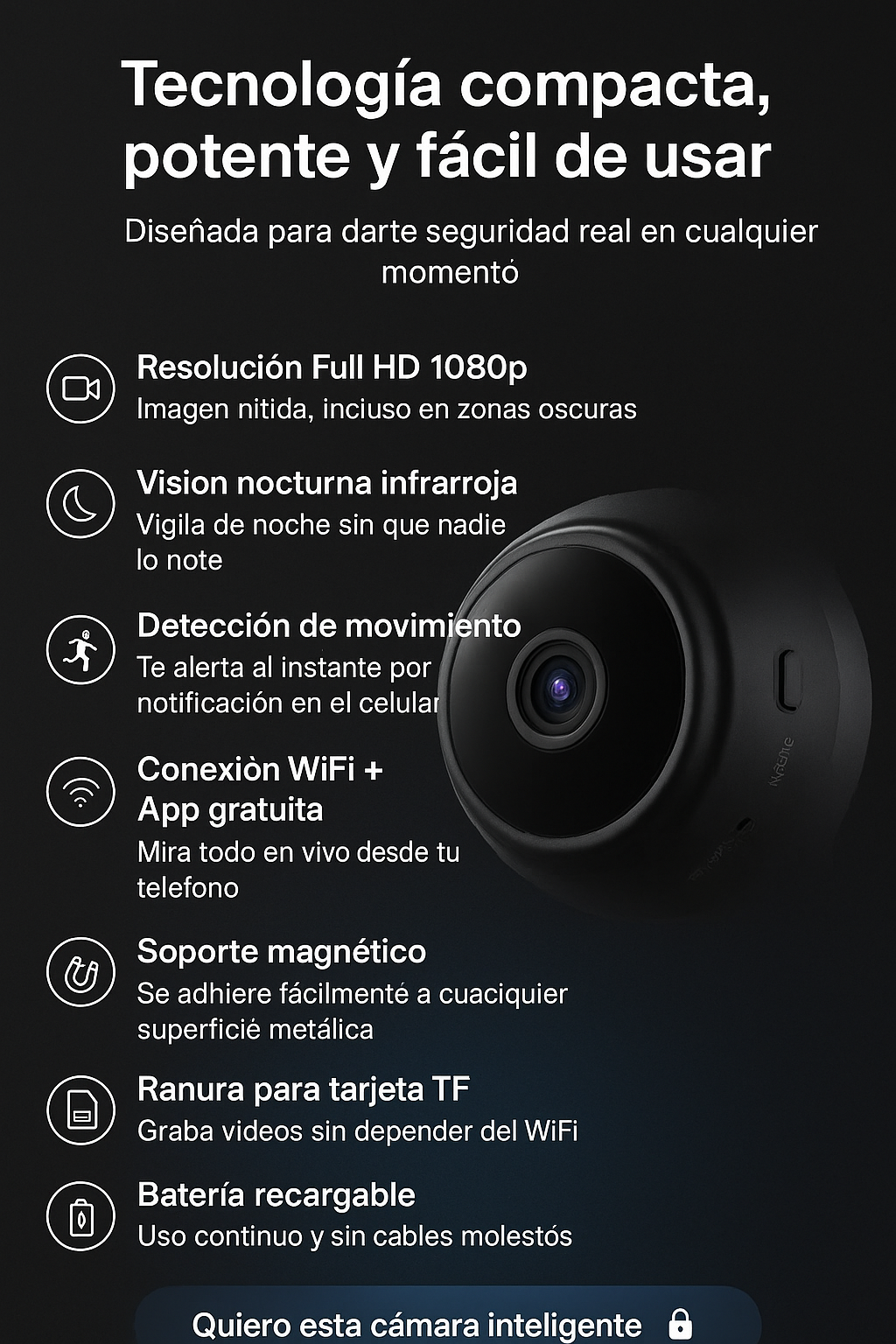 MINI CAMARA DE SEGURIDAD 1080p WIFI-VISION NOCTURNA-CONTROL DESDE EL CELULAR
