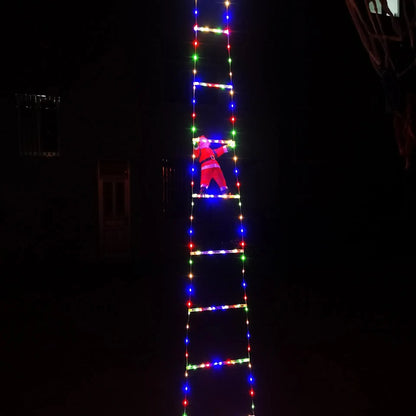 Holiday home entrance decorated with Santa and LED ladder.