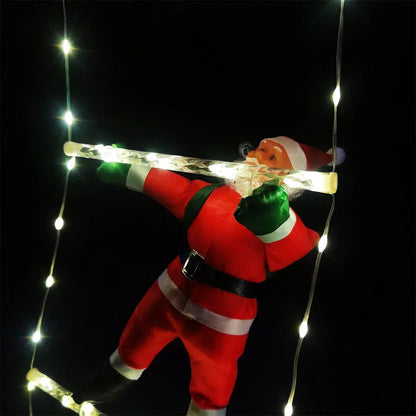 Christmas decoration Santa Claus climbing tree with string lights.
