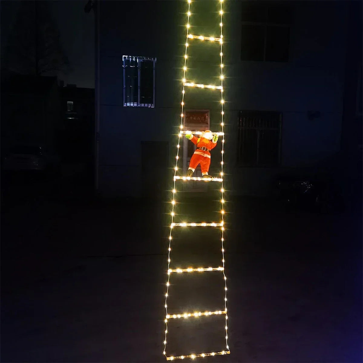 Close-up of 3 meter Santa ladder lights on Christmas tree.