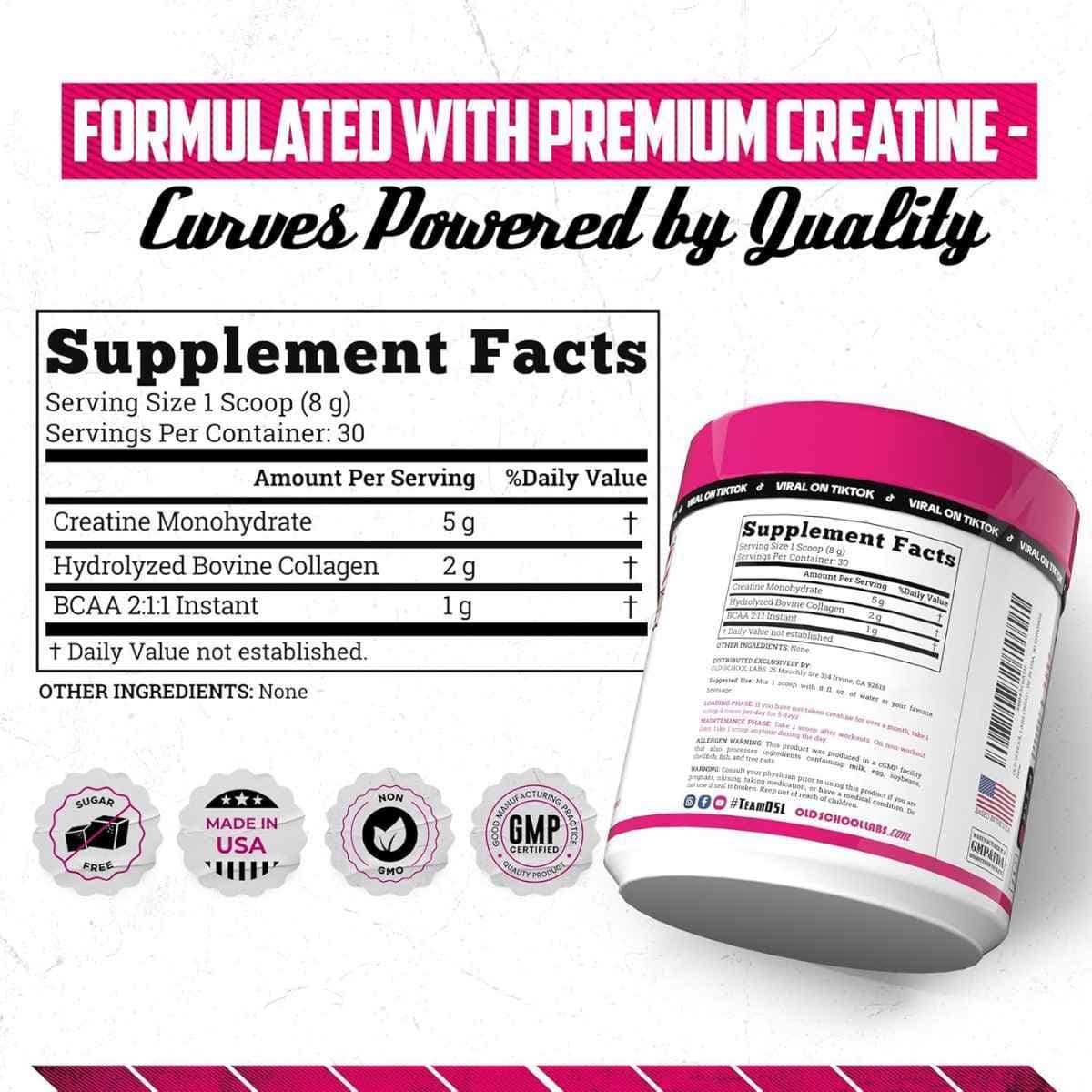 Tabla nutricional del suplemento Old School Labs Creatina con Colágeno y BCAA 243.1 g